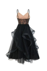 Black tiered tulle evening dress with lace bodice - back view
