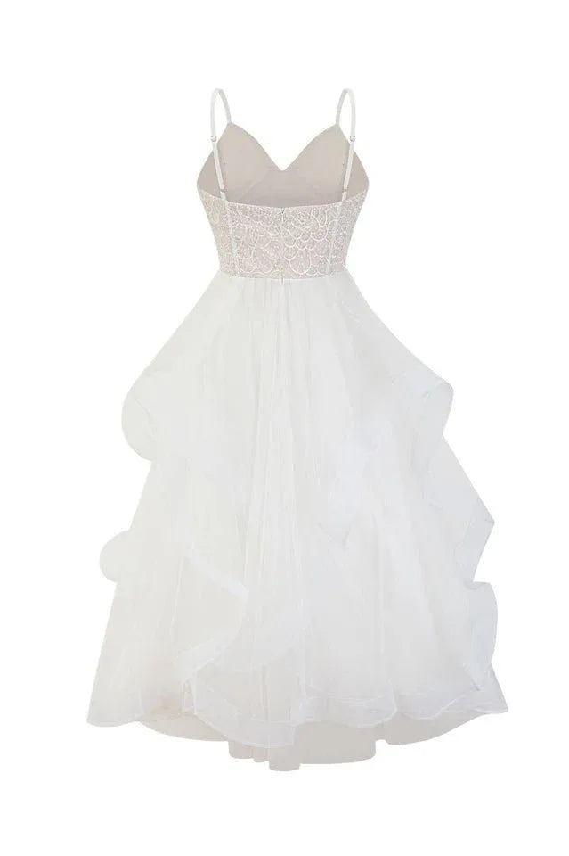 White tiered tulle evening dress with lace bodice - back view