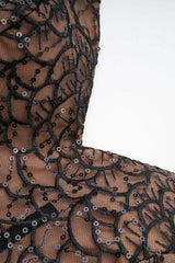 Close-up of sequined lace bodice on an evening dress