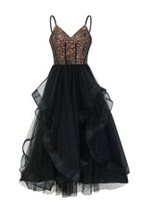Black tiered tulle evening dress with lace bodice - front view