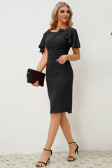 Slit Round Neck Flutter Sleeve Dress - Tevqa