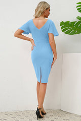 Slit Round Neck Flutter Sleeve Dress - Tevqa