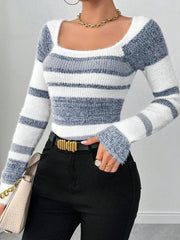 Soft Faux Mink Square Neck Striped Sweater - TEVQA