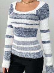 Soft Faux Mink Square Neck Striped Sweater - TEVQA