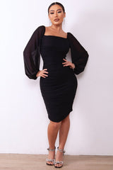 Square Neck Ruched Mesh Dress - Tevqa