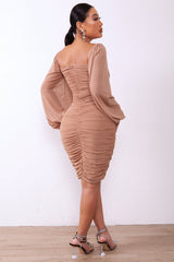 Square Neck Ruched Mesh Dress - Tevqa