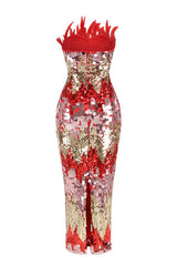 Strapless Feather Sequin Midi Dress - Tevqa
