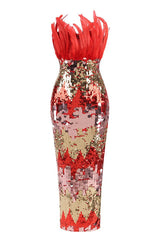 Strapless Feather Sequin Midi Dress - Tevqa