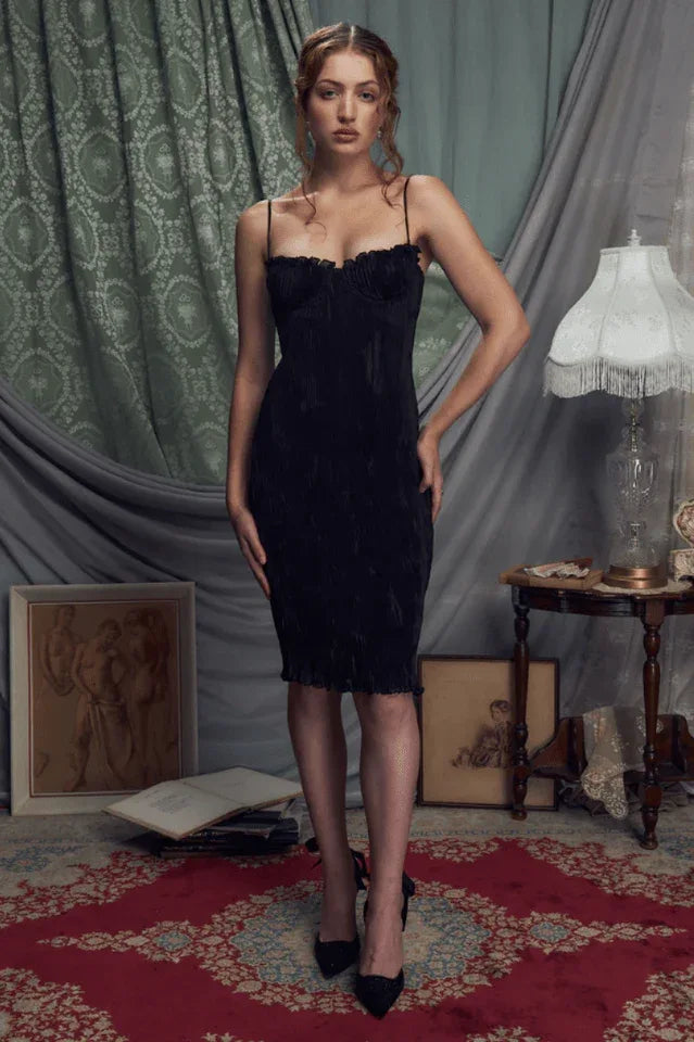 The Black Iris Pleated Midi Dress - TEVQA