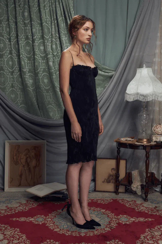 The Black Iris Pleated Midi Dress - TEVQA