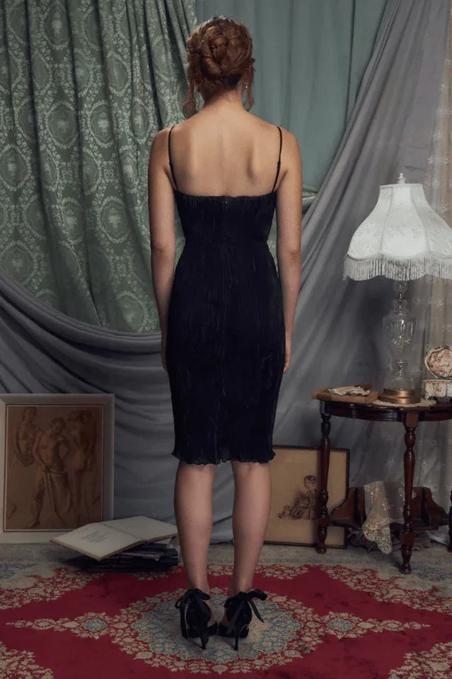 The Black Iris Pleated Midi Dress - TEVQA
