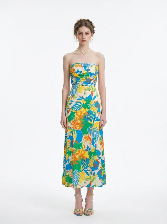 Tropical Strapless Back Cut Out Midi Dress - TEVQA