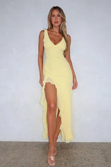 V - Neck Ruffle Hem Slit Dress - Tevqa