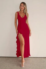 V - Neck Ruffle Hem Slit Dress - Tevqa