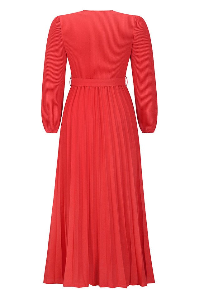 V Neck Swing Pleated Dress - Tevqa
