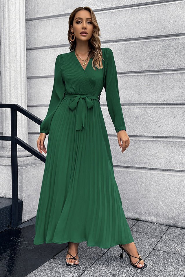 V Neck Swing Pleated Dress - Tevqa