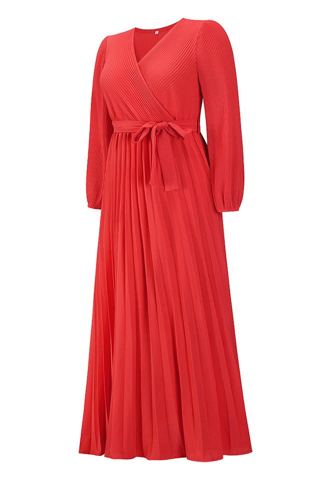 V Neck Swing Pleated Dress - Tevqa