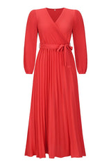 V Neck Swing Pleated Dress - Tevqa
