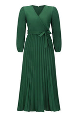 V Neck Swing Pleated Dress - Tevqa