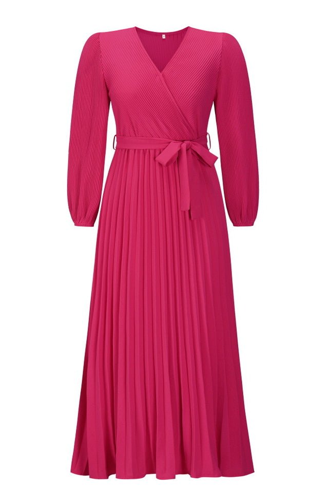 V Neck Swing Pleated Dress - Tevqa