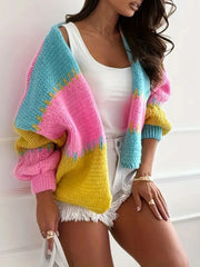 Vibrant Color Block Chunky Knit Cardigan - TEVQA