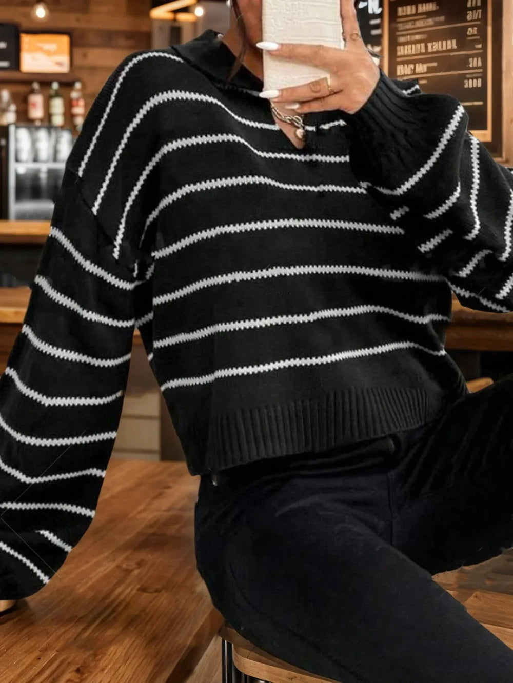 Vintage Black Striped Polo Collar Knit Sweater - TEVQA