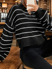 Vintage Black Striped Polo Collar Knit Sweater - TEVQA
