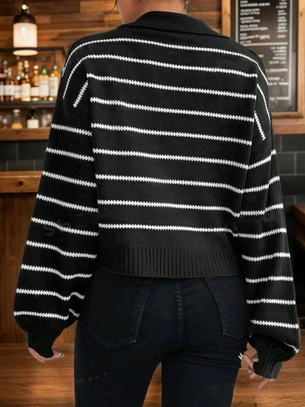 Vintage Black Striped Polo Collar Knit Sweater - TEVQA