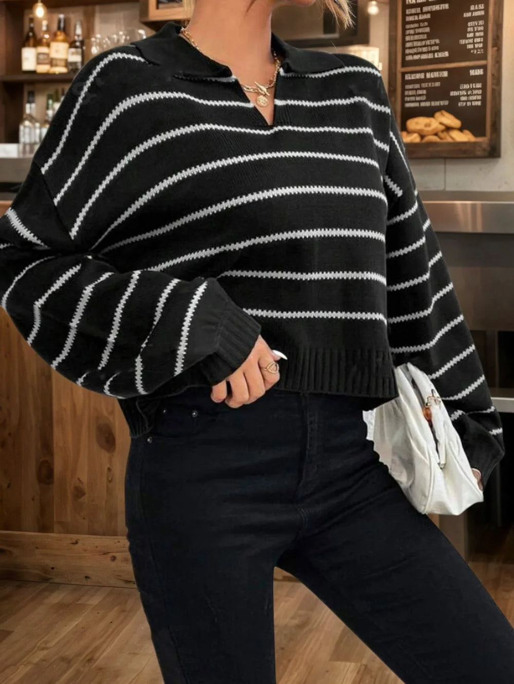 Vintage Black Striped Polo Collar Knit Sweater - TEVQA