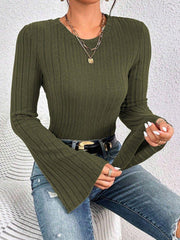 Vintage Inspired Ribbed Bell Sleeve Top - TEVQA