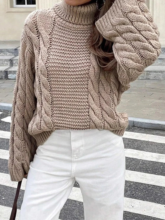 Vintage Mocha Bell Sleeve Cable Knit Sweater - TEVQA