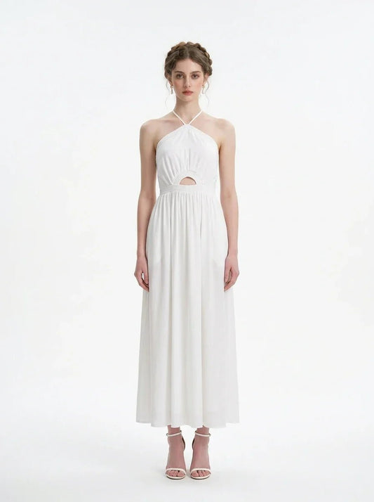 White Halterneck Cut Out Maxi Dress - TEVQA