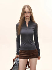 Women's Half Zip Mock Neck Long Sleeve Slim Fit Top - TEVQA