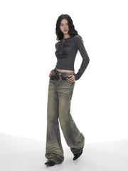 Y2K Grunge Graffiti Print Button - Front Henley Top - TEVQA
