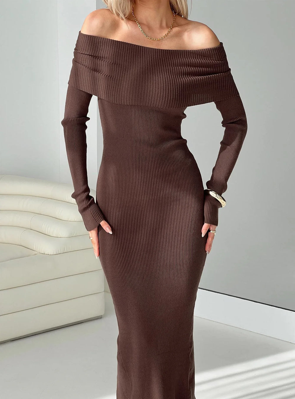 Phylis Chocolate Ribbed Off-Shoulder Knit Maxi Dress - Long Sleeve Bodycon Sweater Gown - TEVQA