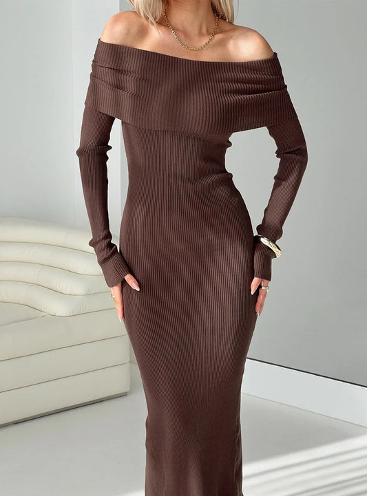 Phylis Chocolate Ribbed Off-Shoulder Knit Maxi Dress - Long Sleeve Bodycon Sweater Gown - TEVQA