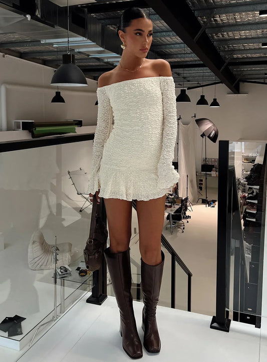 Vancesca Cream Textured Off-Shoulder Mini Dress - Ruffle Hem Long Sleeve Bodycon - TEVQA