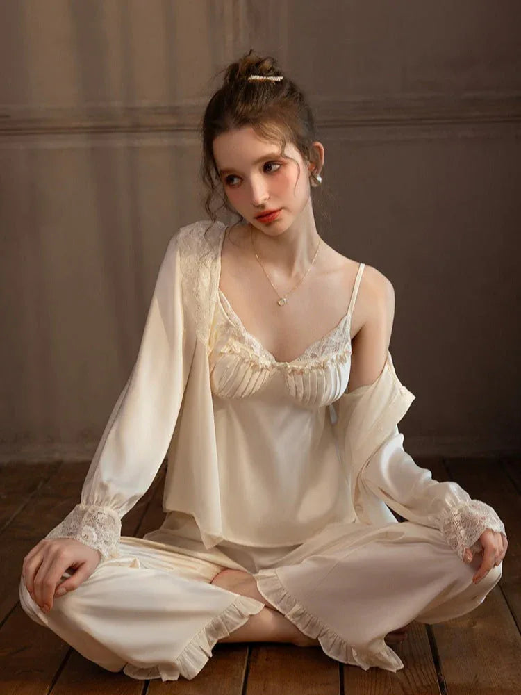 Lace Trim Satin 3-Piece Pajama Set - TEVQA