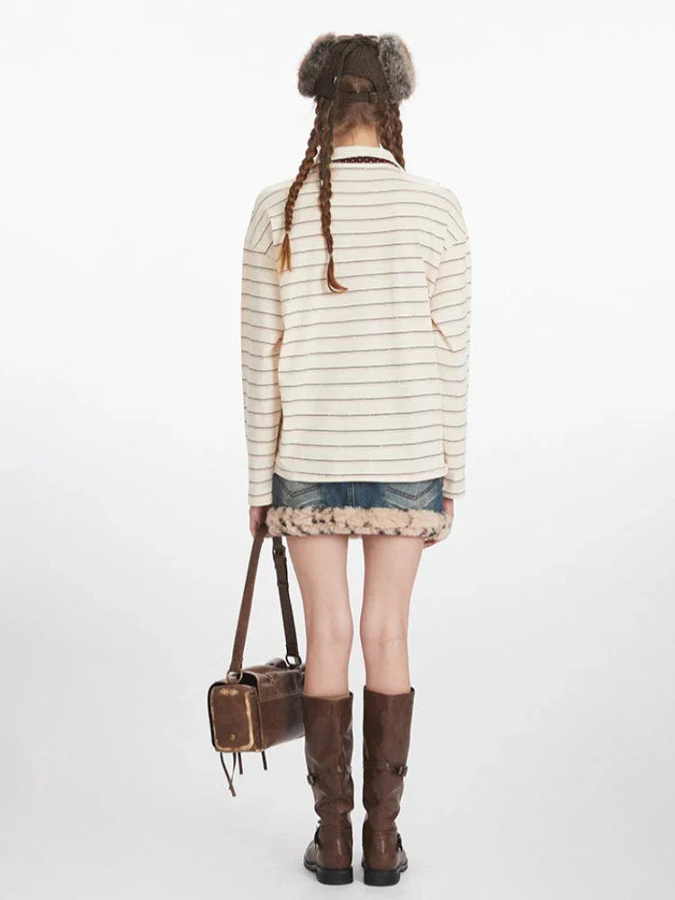 Vintage Cream Striped Rhinestone Polo Shirt - TEVQA