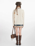 Vintage Cream Striped Rhinestone Polo Shirt - TEVQA