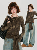 Vintage Tie-Dye Asymmetrical Long Sleeve Top Brown