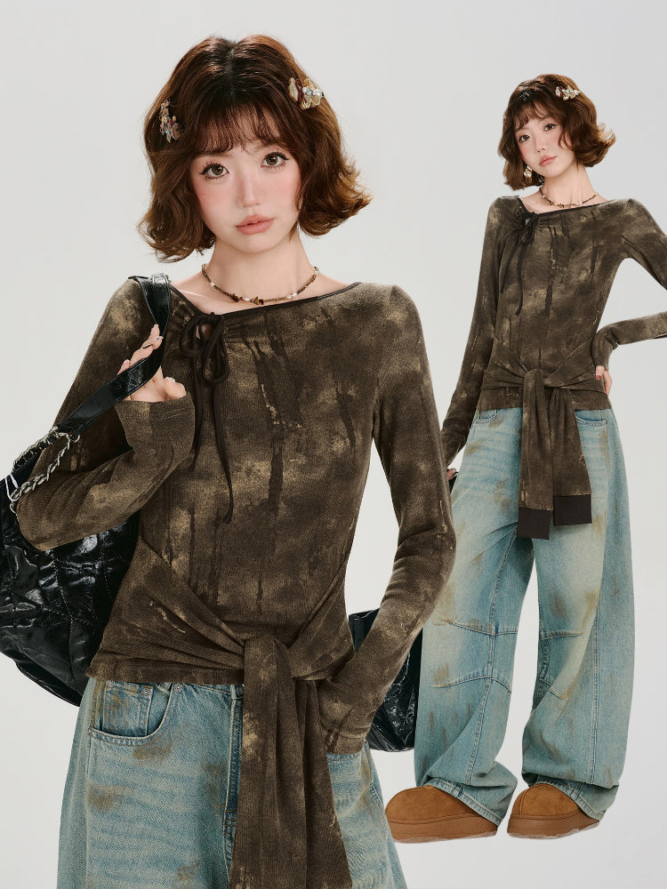 Vintage Tie-Dye Asymmetrical Long Sleeve Top Brown
