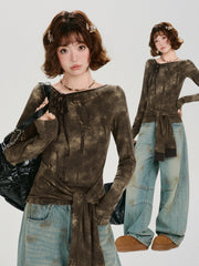 Vintage Tie-Dye Asymmetrical Long Sleeve Top Brown