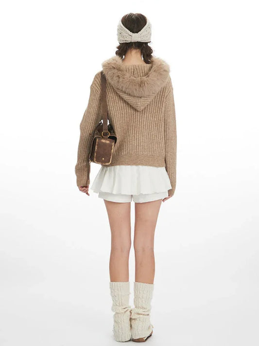 Cozy Luxe Faux Fur Hooded Zip-Up Cardigan - TEVQA