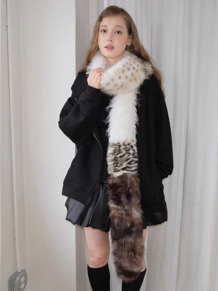 Patchwork Faux Fur Scarf Leopard Print Extra Long 96 Inch Y2K