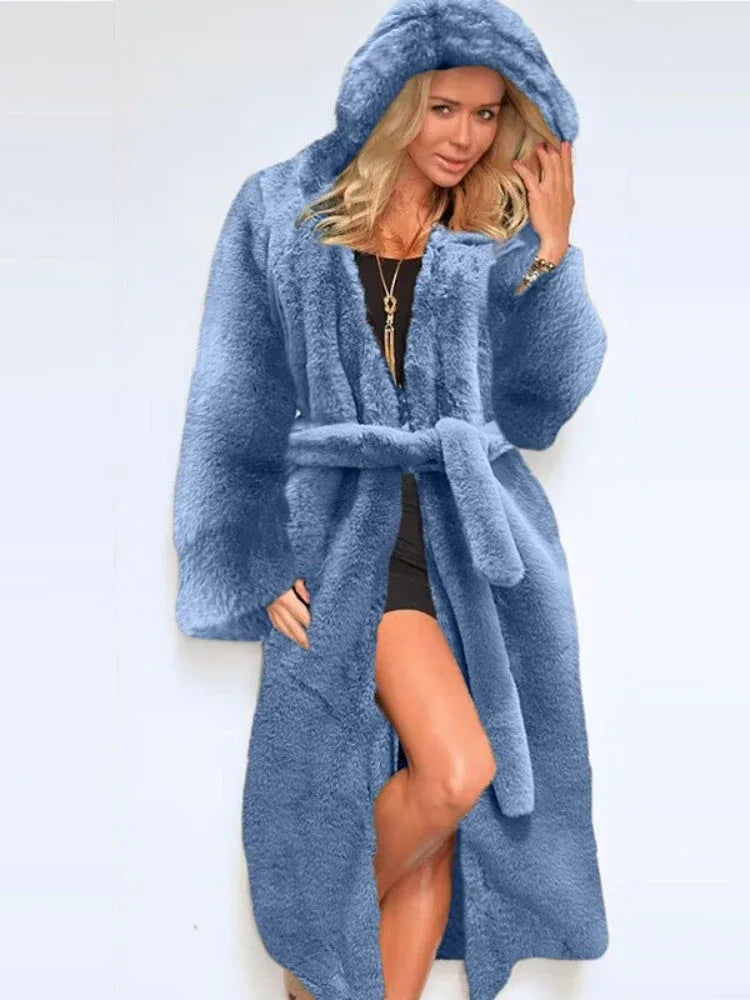 Hooded Faux Fur Long Coat - View 7 | TEVQA