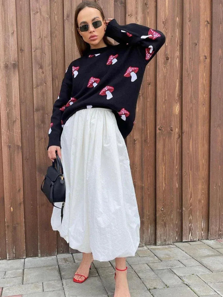Whimsical Mushroom Oversized Crewneck Sweater - TEVQA