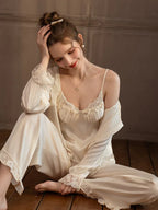 Lace Trim Satin 3-Piece Pajama Set - TEVQA