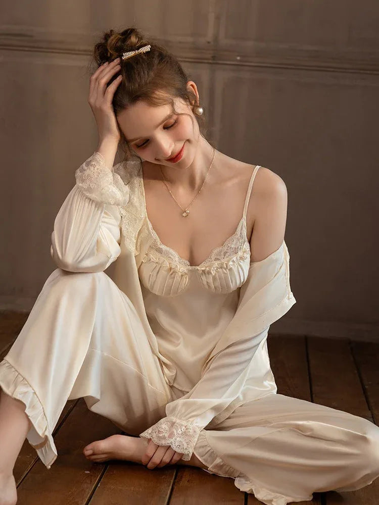 Lace Trim Satin 3-Piece Pajama Set - TEVQA