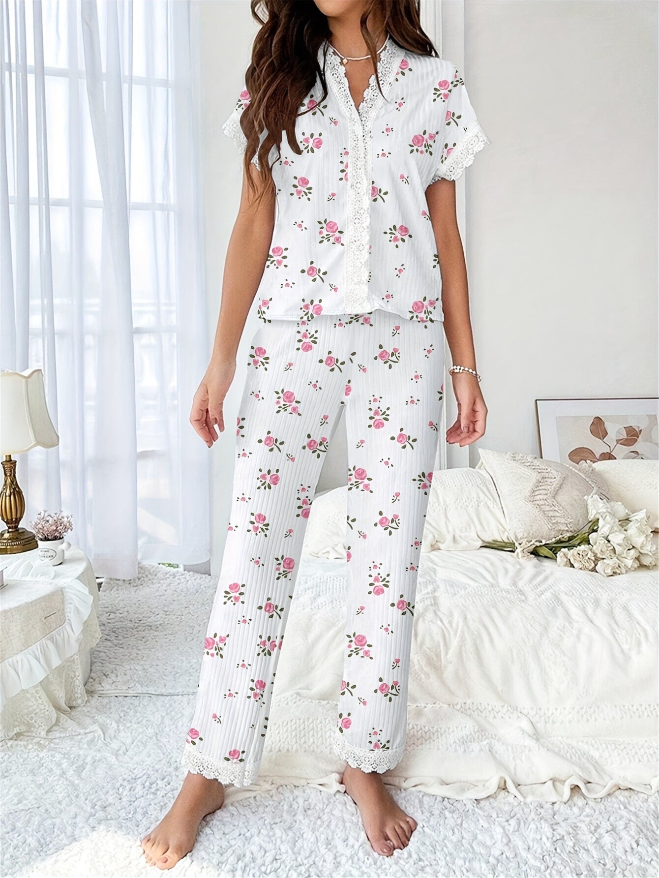 Coquette Cherry Print Ribbed Pajama Set